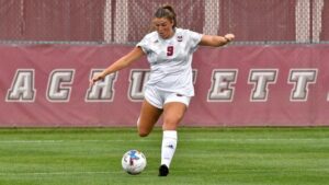 A women playing soccer